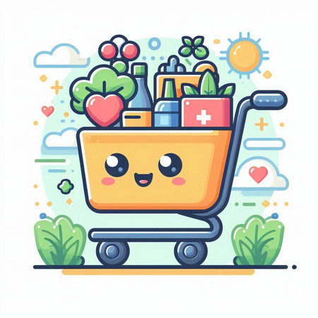 Cartoon illustration of shopping cart with healthy food. Flat line art design vector illustration.のイラスト素材