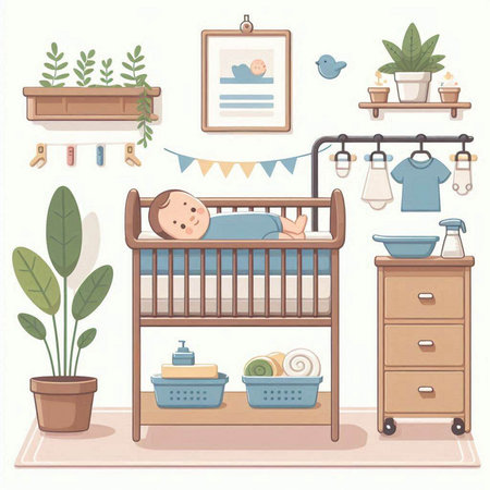 Baby room interior with crib and toys. Vector illustration in cartoon style.のイラスト素材