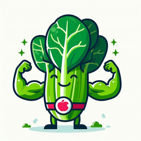 Vector illustration of cartoon chinese cabbage character with strong arms and biceps.のイラスト素材