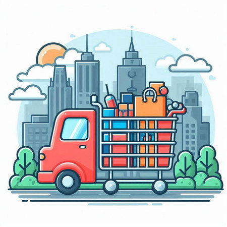 Vector illustration of shopping trolley with purchases and delivery car in the city.のイラスト素材