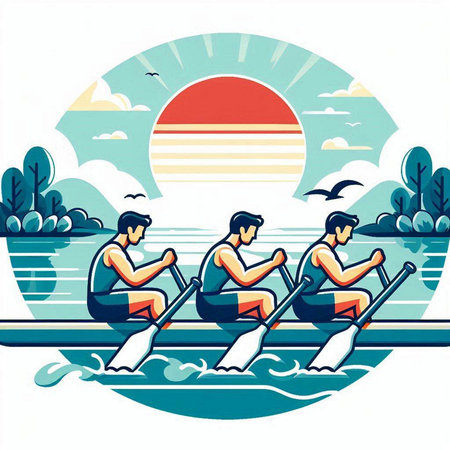 Rowing on the river. Vector illustration in a flat style.のイラスト素材