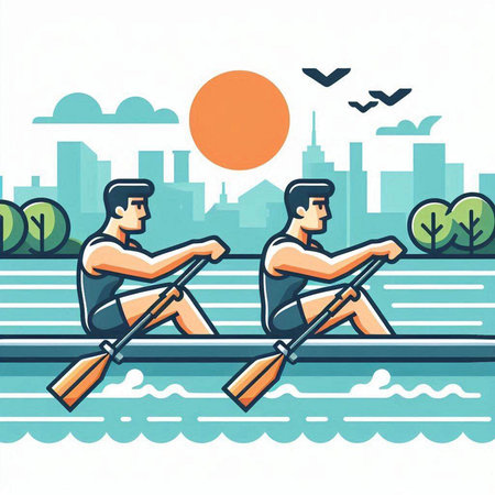 Two men rowing on the river. Vector illustration in flat styleのイラスト素材