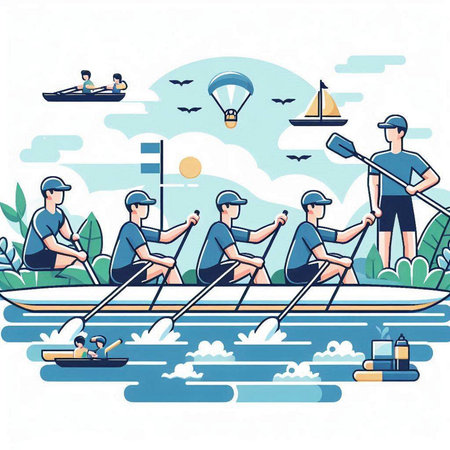 Group of men rowing on the river. Flat style vector illustration.のイラスト素材
