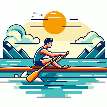Man rowing on the river, vector illustration in flat design.のイラスト素材