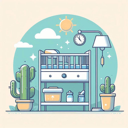 Baby room interior. Vector illustration in flat design style. Cactuses, cacti, lamp and bed.のイラスト素材