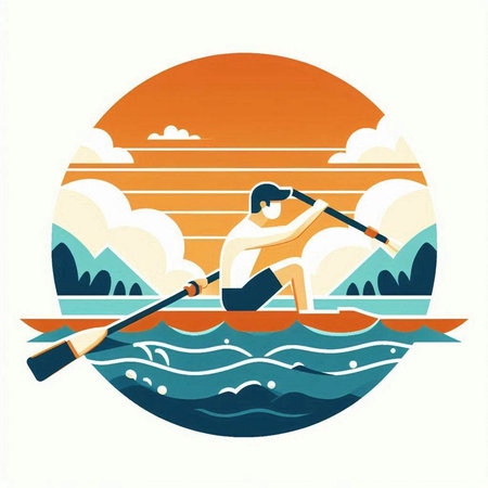 Man rowing on the lake, vector illustration. Flat style.のイラスト素材