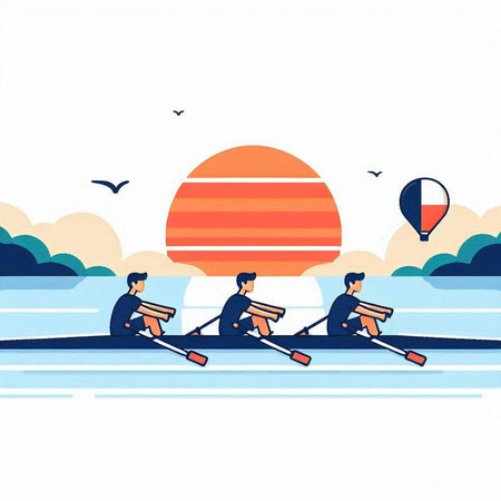 Couple of men rowing on the river. Flat vector illustration.のイラスト素材