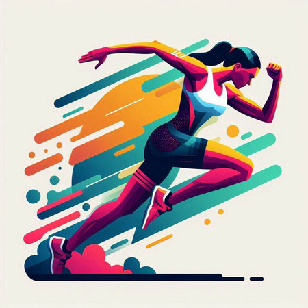 Vector illustration of a woman running in front of a colorful background.のイラスト素材