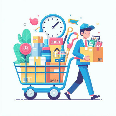Man in a hat with a cart full of goods. Vector illustrationのイラスト素材