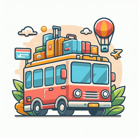 Vector illustration of a bus with luggage and hot air balloon in the sky.のイラスト素材