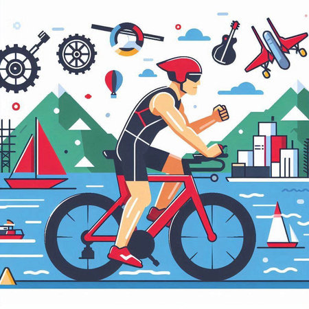 Cyclist riding a bicycle on the background of the city. Vector illustration in flat style.のイラスト素材