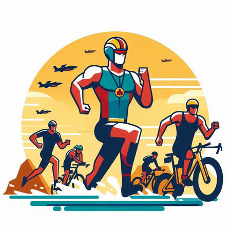 Group of cyclists running on the road. Vector illustration in flat styleのイラスト素材