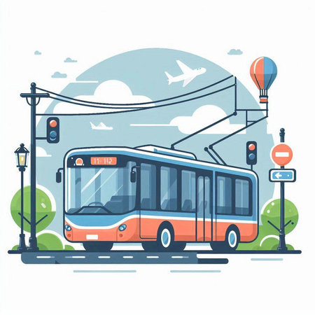 Trolleybus on the street. Vector illustration in flat style.のイラスト素材