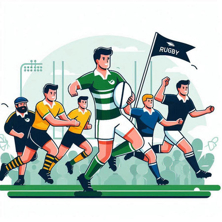 Rugby players in action, vector illustration. Cartoon style.のイラスト素材