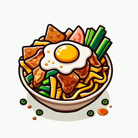 Bowl of noodle with fried egg and vegetables. Vector illustration.のイラスト素材