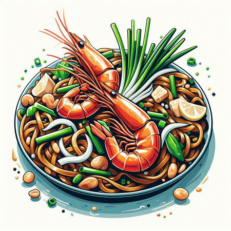 Noodle with shrimps and vegetables in a bowl. Vector illustration.のイラスト素材