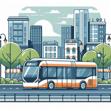 Bus in the city. Urban transport. Vector illustration in flat style.のイラスト素材