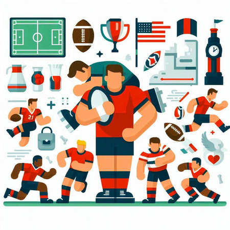 Rugby flat icons set with players, equipment and elements isolated vector illustrationのイラスト素材