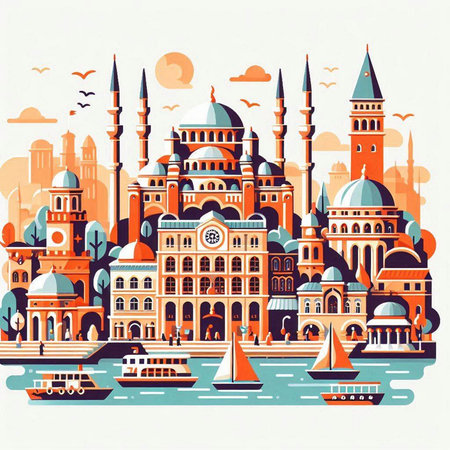 Cityscape of Istanbul, Turkey. Colorful vector illustration in flat style.のイラスト素材