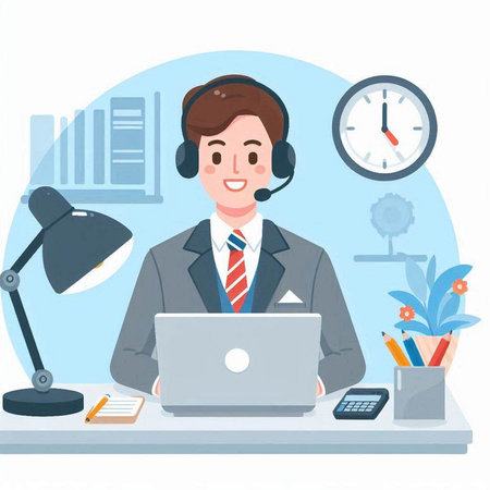 Call center operator with headset and laptop. Flat style vector illustration.のイラスト素材