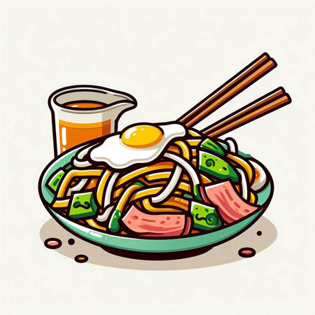 Noodle with chopsticks and fried egg, hand drawn vector illustrationのイラスト素材