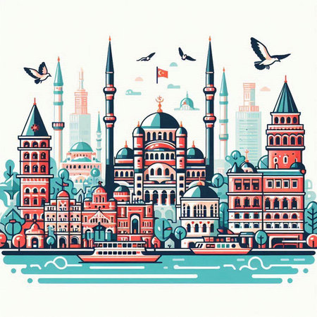 Cityscape of Istanbul. Turkey. Vector illustration in flat style.のイラスト素材
