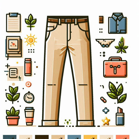 Vector set of fashion icons in flat line style - pants, shirt, bag, wallet, coffee, clock, notebook, flower, plant, leaf, plant, clock, calendar.のイラスト素材