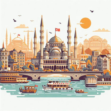 Beautiful Istanbul cityscape with famous landmarks, Turkey. Vector illustration.のイラスト素材