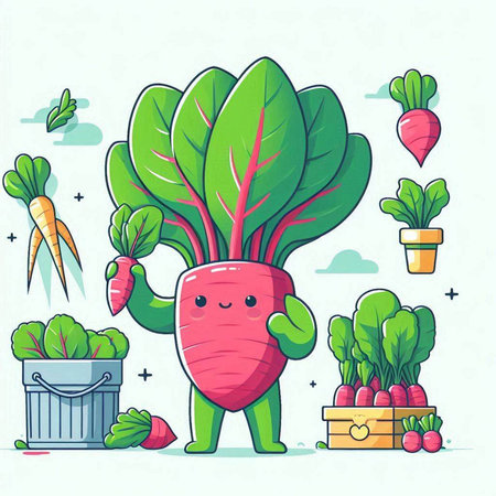 Vector illustration of radish character with different vegetables. Cute cartoon style.のイラスト素材