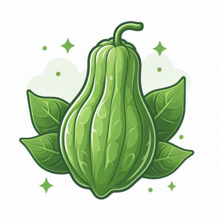 Illustration of a green pumpkin with leaves on a white background.のイラスト素材