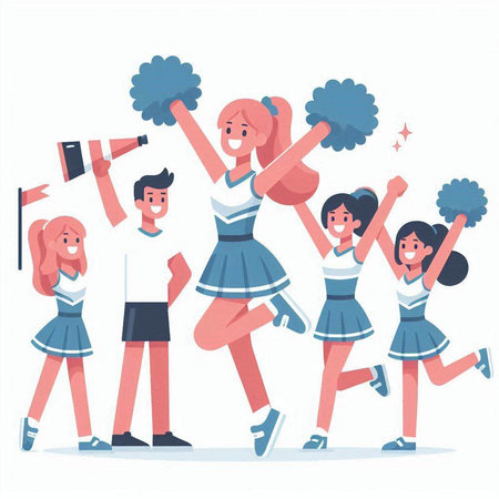 Cheerleaders vector illustration. Cheerful girls and boys cheerleading.のイラスト素材