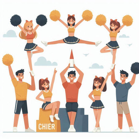 Cheerleaders set. Cheerleaders on podium. Cheerleaders with pom poms. Cheerleaders vector illustrationのイラスト素材