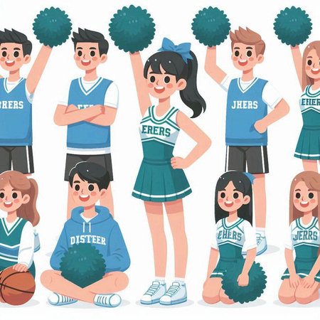 Cheerleaders in uniform. Cheerleader girls and boys cartoon character vector illustrationのイラスト素材