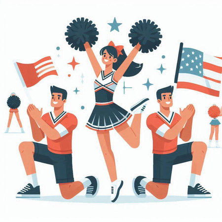 Cheerleaders in action. Cheerleaders with pompons. Vector illustration in flat styleのイラスト素材