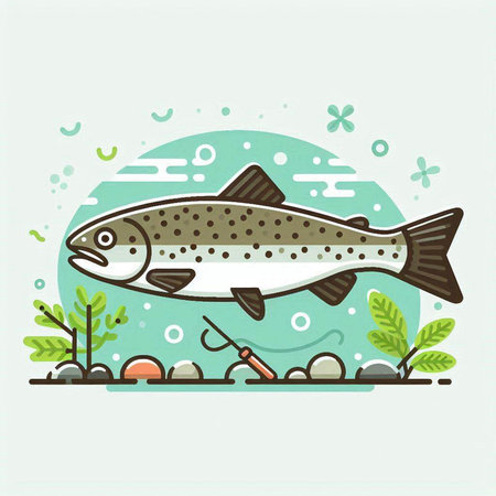 Vector illustration of a trout on a background of the sea and algae.のイラスト素材