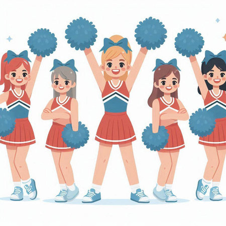 Cheerleaders set. Cheerleaders with pompoms. Cheerleaders vector illustrationのイラスト素材