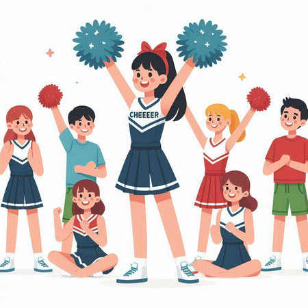 Cheerleaders with pompoms. Cheerful girls and boys. Vector illustrationのイラスト素材