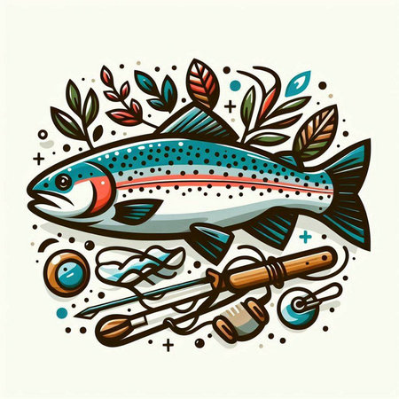 Vector hand drawn illustration of a trout fish with fishing rod, fishing tackle and decorative elements.のイラスト素材