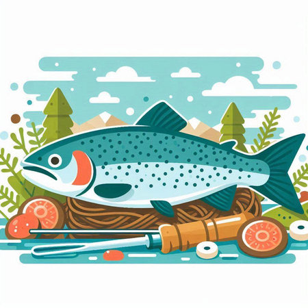 Vector illustration of a salmon in the basket with a fishing rod.のイラスト素材