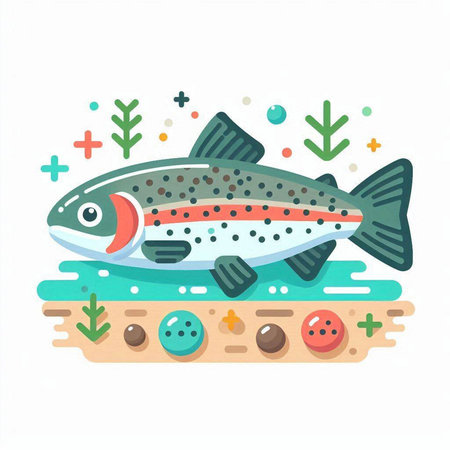 Cartoon vector illustration of a rainbow trout. Colorful flat design.のイラスト素材