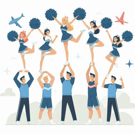Cheerleaders set. Cheerleaders with pom-poms. Vector illustrationのイラスト素材
