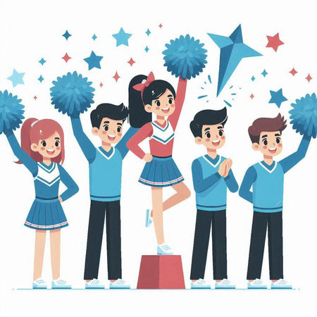 Cheerleaders with pompoms and stars. Cheerful boys and girlsのイラスト素材