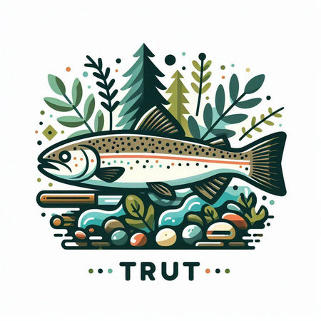 Colorful vector illustration of a trout fish and algae in a flat styleのイラスト素材