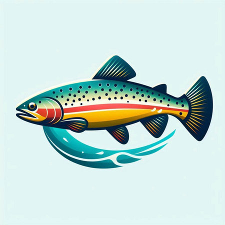 Vector illustration of a rainbow trout on a blue background with the inscriptionのイラスト素材