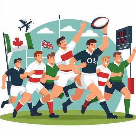 Rugby players in action, vector cartoon illustration on white background.のイラスト素材