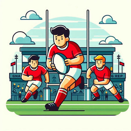 Rugby players in action on the stadium. Vector illustration.のイラスト素材