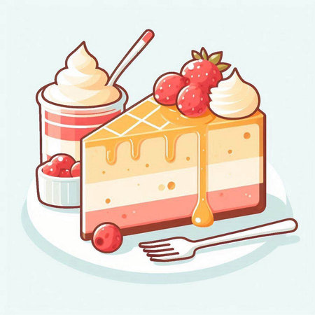 Vector illustration of a piece of cake with berries and ice cream.のイラスト素材