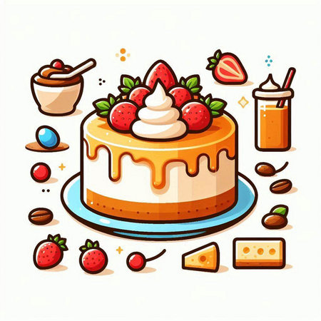 Cake with cream and strawberries. Vector illustration in cartoon style.のイラスト素材