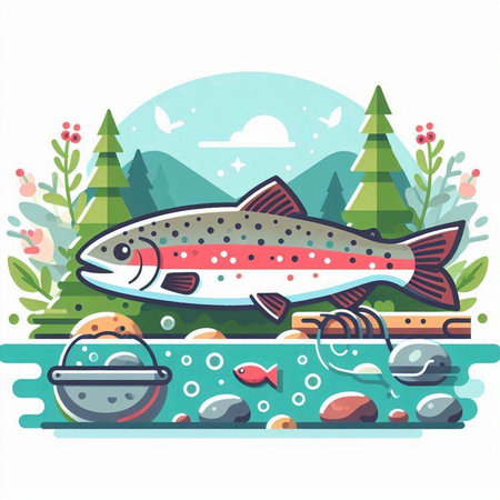 Colorful vector illustration of a trout on the background of the forest.のイラスト素材