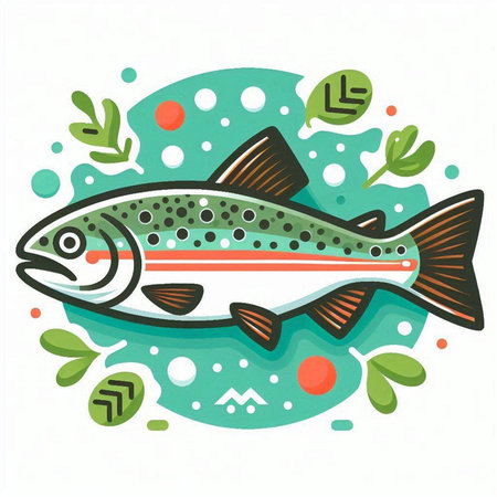 Colorful vector illustration of a rainbow trout fish on a colorful backgroundのイラスト素材